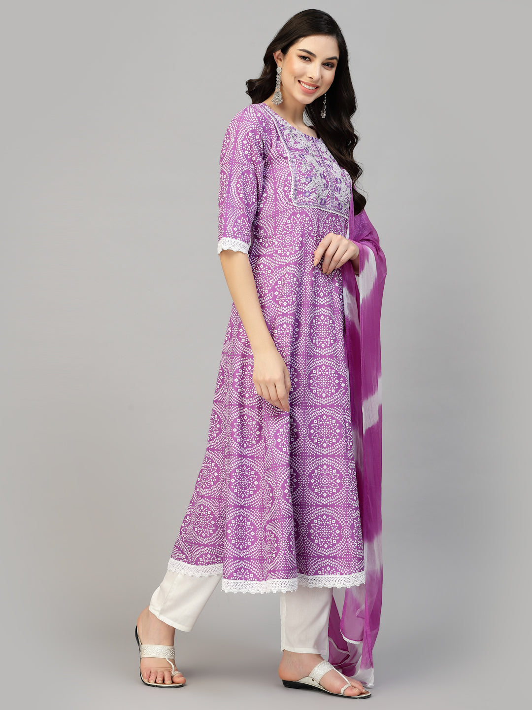 Bandhej Printed & Embroidered Anarkali Kurta Pant Dupatta Set (Pre-Order)