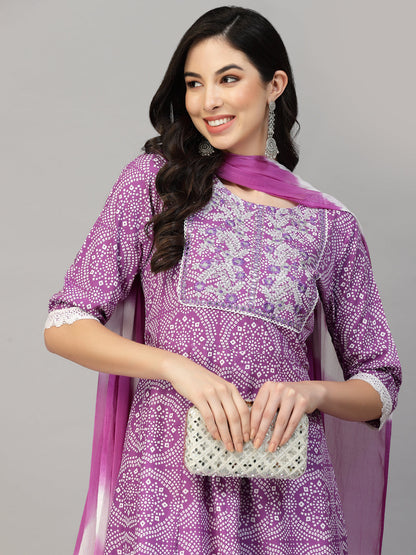 Bandhej Printed & Embroidered Anarkali Kurta Pant Dupatta Set (Pre-Order)