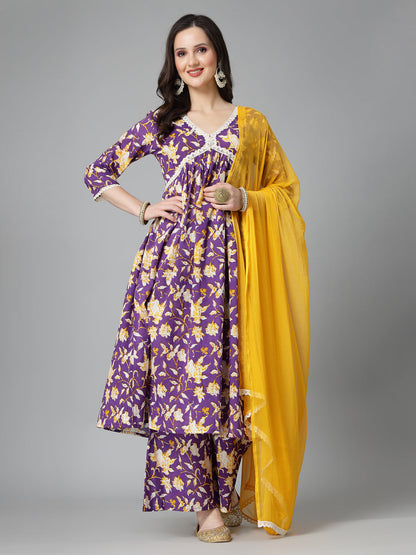 Floral Printed Cotton Pleated Kurta Palazzo Dupatta Set (Pre-Order)
