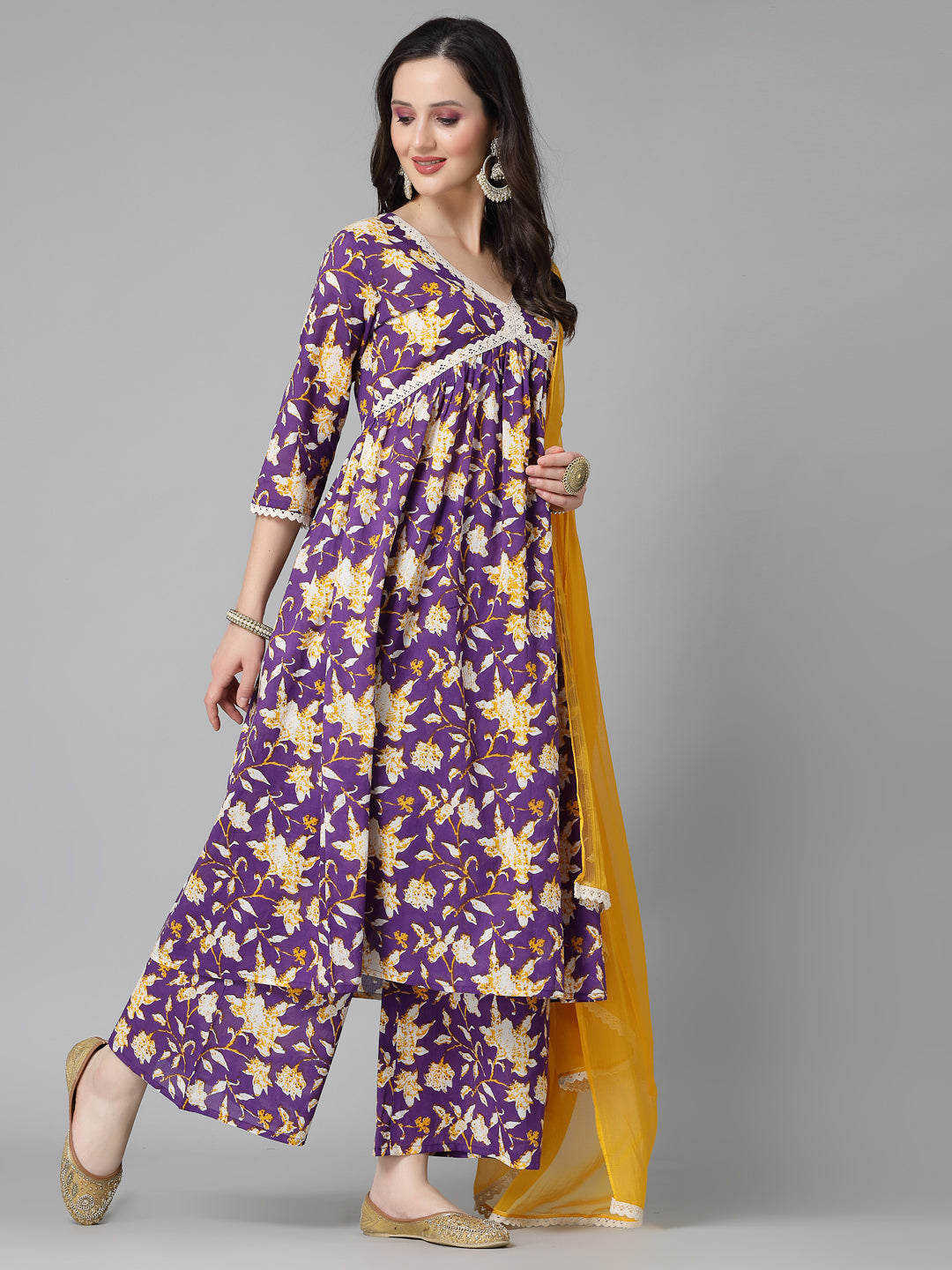 Floral Printed Cotton Pleated Kurta Palazzo Dupatta Set (Pre-Order)