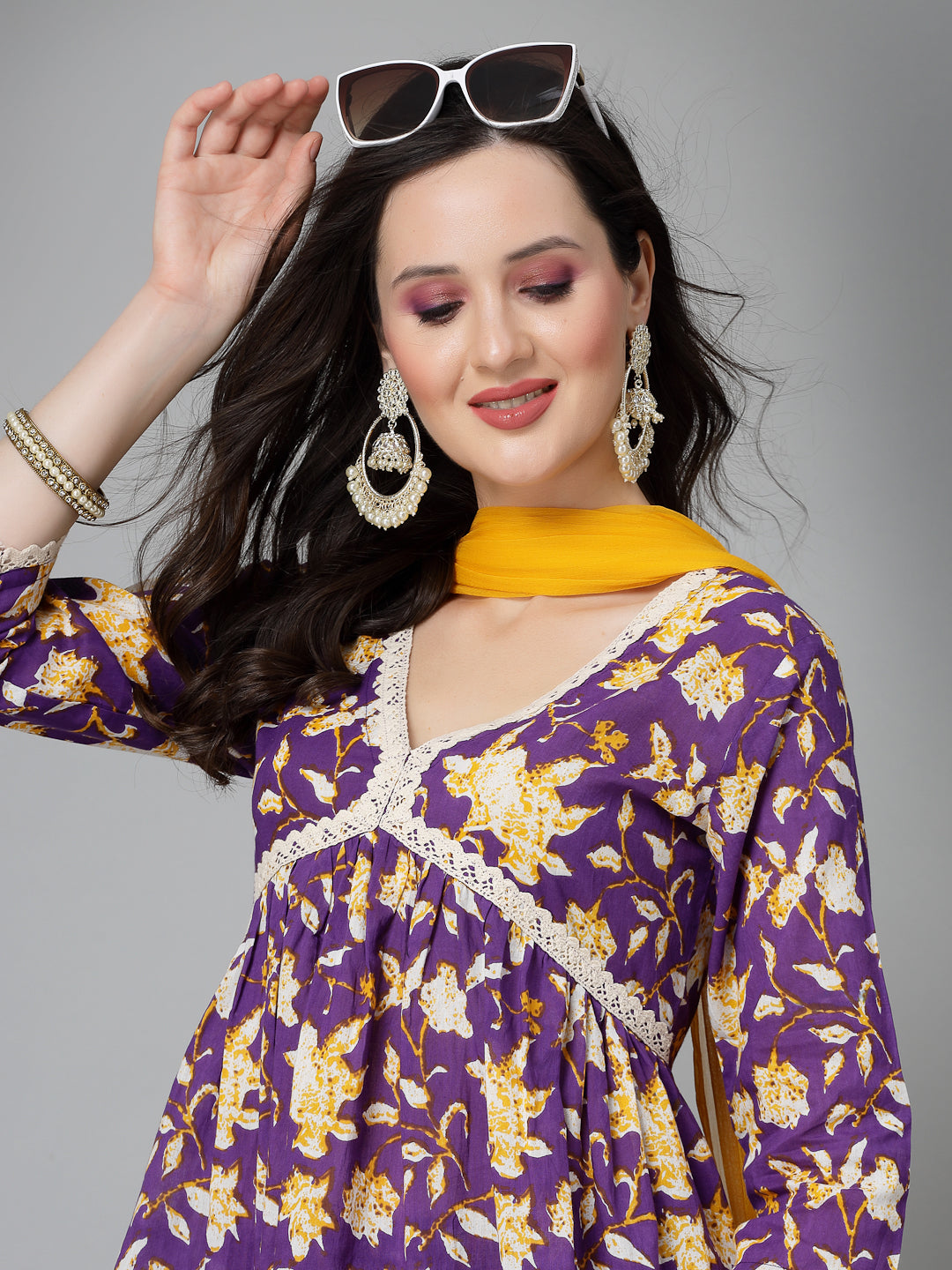 Floral Printed Cotton Pleated Kurta Palazzo Dupatta Set (Pre-Order)