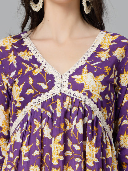 Floral Printed Cotton Pleated Kurta Palazzo Dupatta Set (Pre-Order)