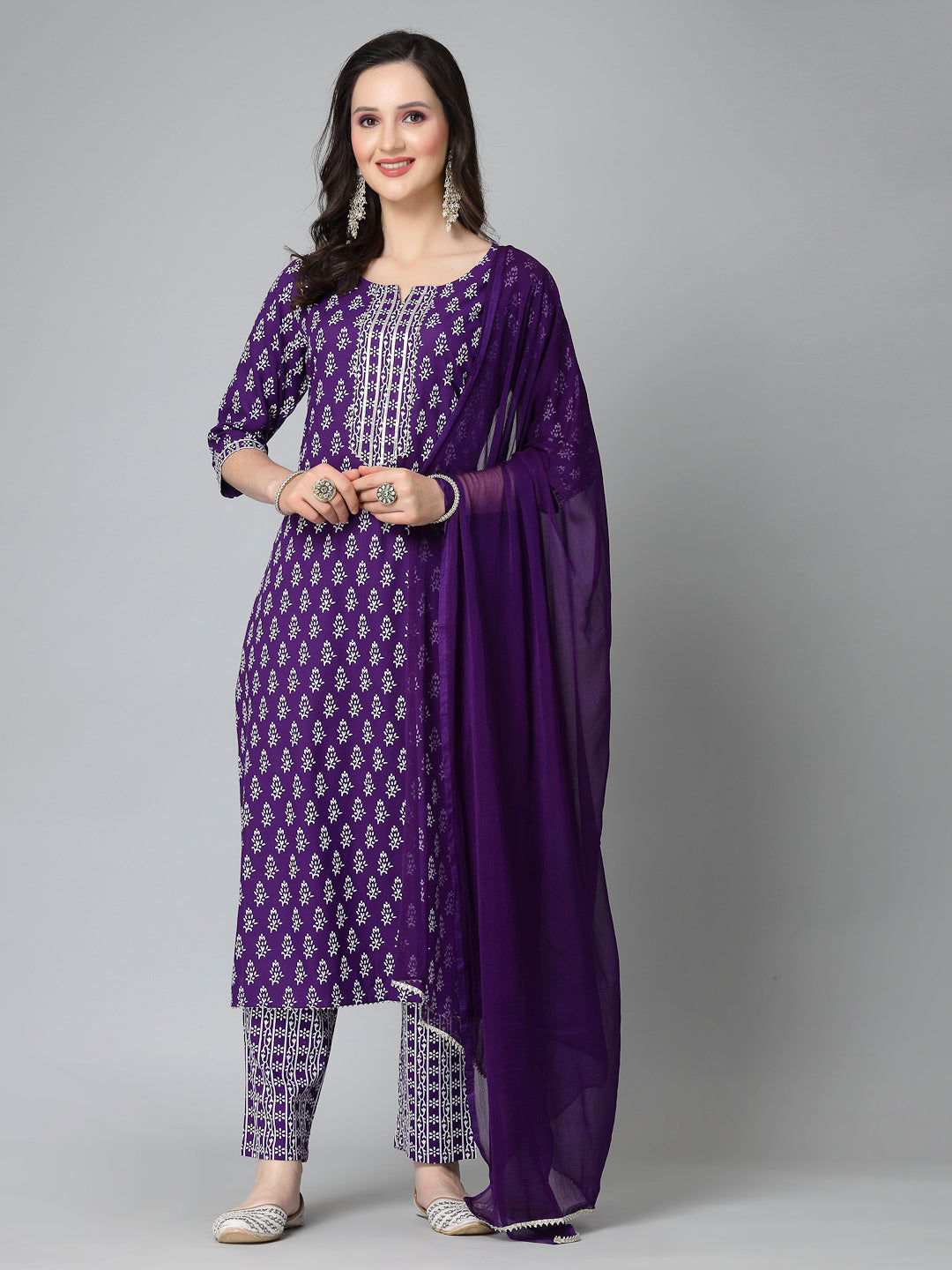 Floral Printed Rayon Straight Kurta Pant Dupatta Set (Pre-Order)