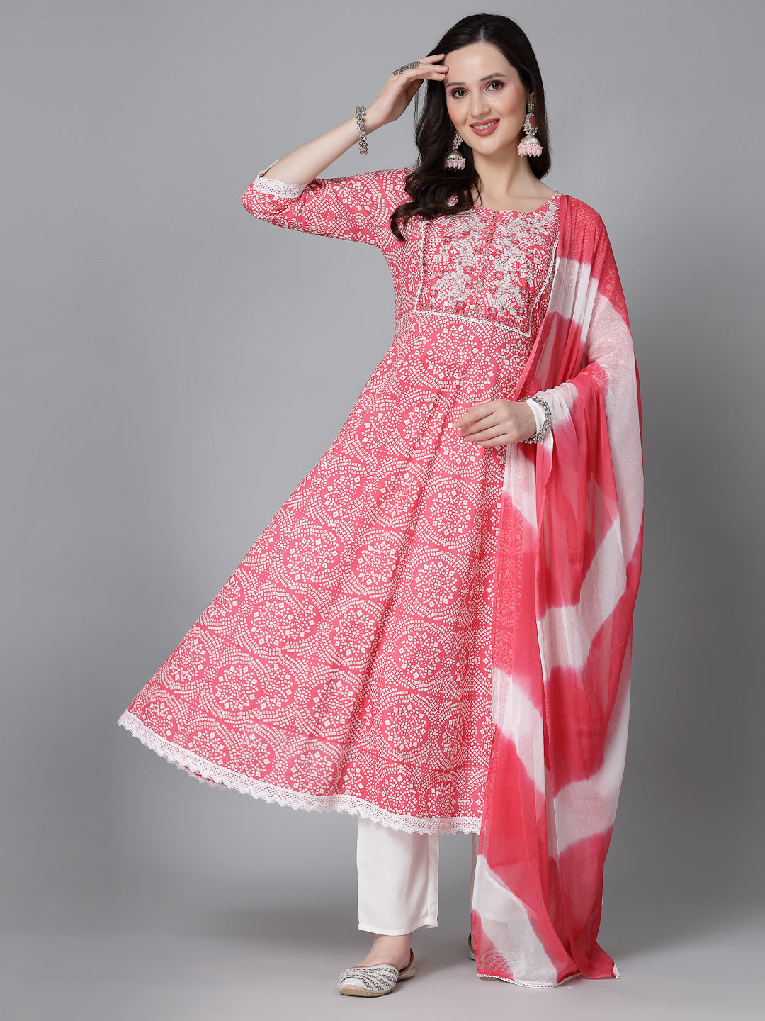 Bandhej Printed & Embroidered Anarkali Kurta Pant Dupatta Set (Pre-Order)