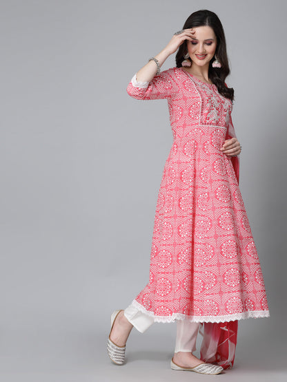 Bandhej Printed & Embroidered Anarkali Kurta Pant Dupatta Set (Pre-Order)