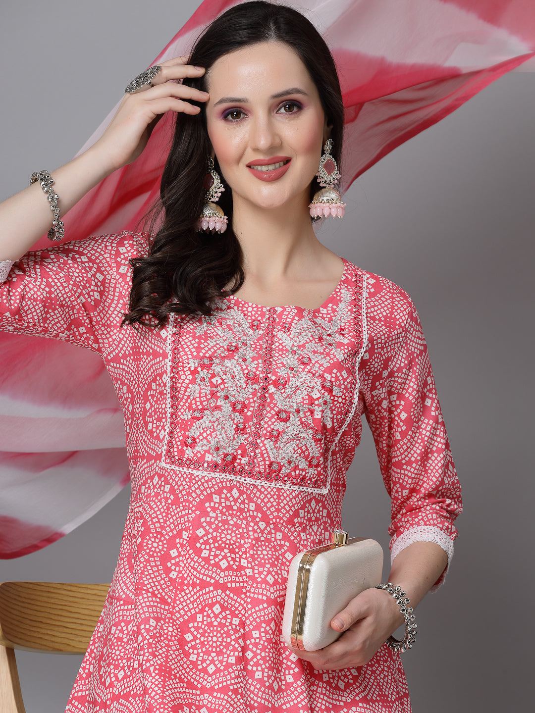 Bandhej Printed & Embroidered Anarkali Kurta Pant Dupatta Set (Pre-Order)