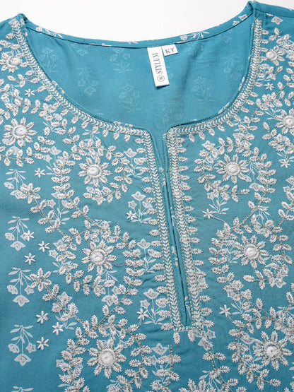 Printed & Embroidered Rayon Kurta Pant Dupatta Set (Pre-Order)