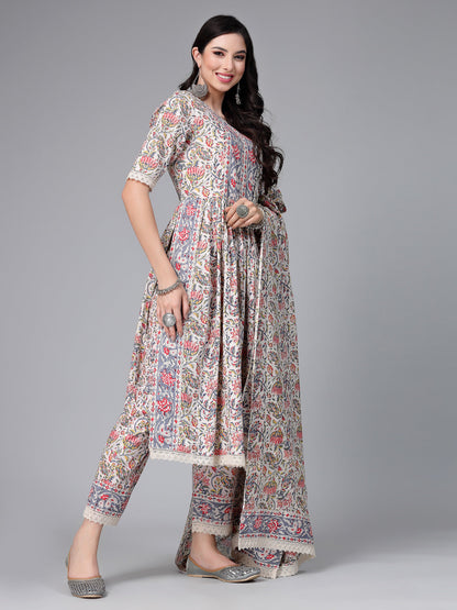 Floral Printed Cotton Naira Cut Kurta Pant Dupatta Set (Pre-Order)