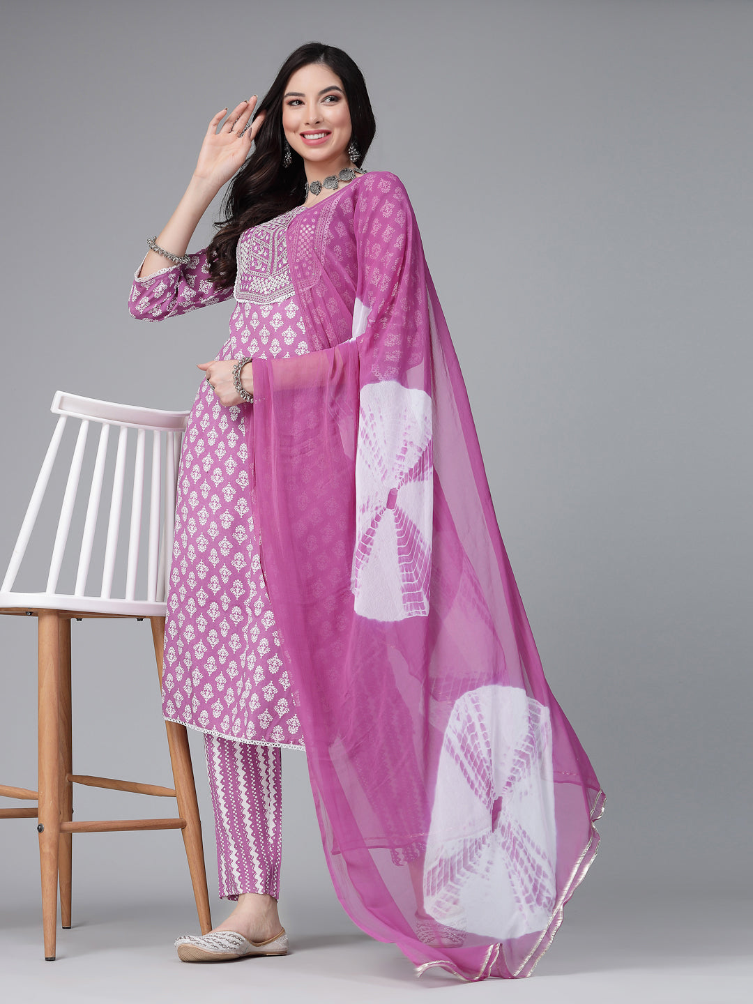 Printed & Embroidered Rayon Kurta Pant Dupatta Set (Pre-Order)