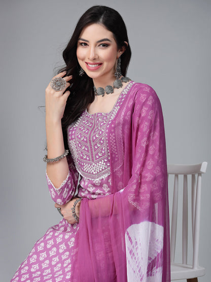 Printed & Embroidered Rayon Kurta Pant Dupatta Set (Pre-Order)