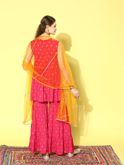 Printed & Embroidered Rayon Kurta Sharara Dupatta Set (Pre-Order)