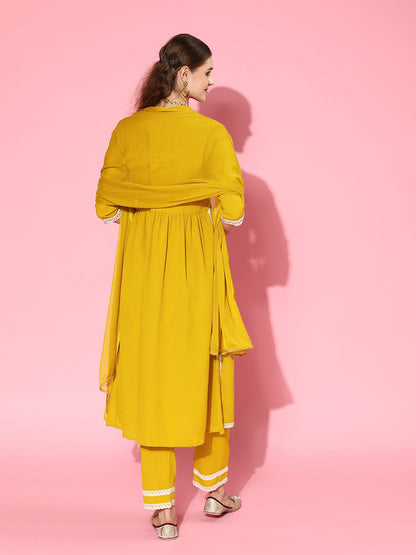 Solid Crepe Naira cut Kurta Pant Dupatta Set (Pre-Order)