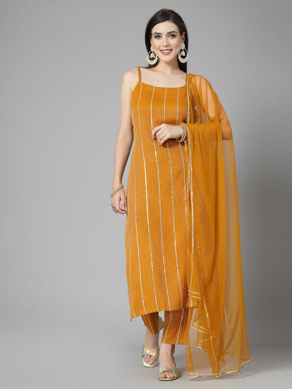 Embroidered & Embellished Rayon Straight Kurta Pant Dupatta Set (Pre-Order)