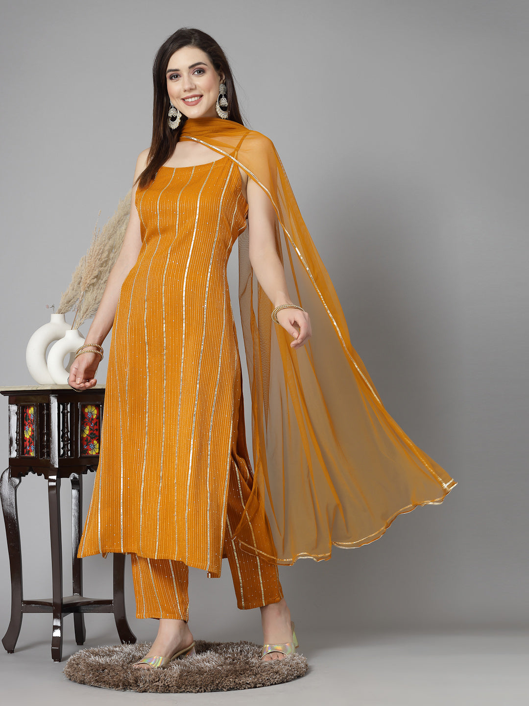 Embroidered & Embellished Rayon Straight Kurta Pant Dupatta Set (Pre-Order)