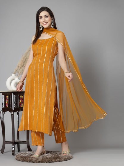 Embroidered & Embellished Rayon Straight Kurta Pant Dupatta Set (Pre-Order)