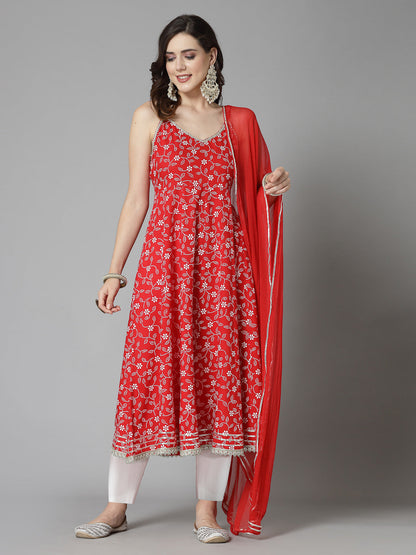 Floral Printed Rayon Anarkali Kurta Pant Dupatta set (Pre-Order)