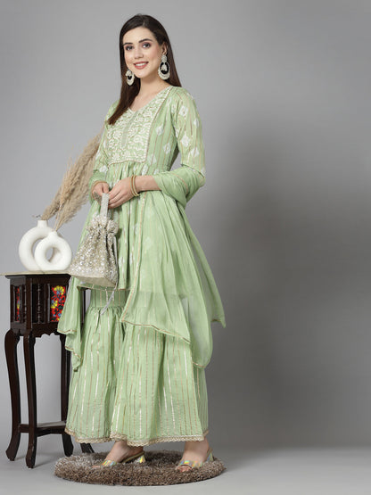 Printed & Embroidered Chanderi Cotton Kurta Sharara Dupatta Set (Pre-Order)