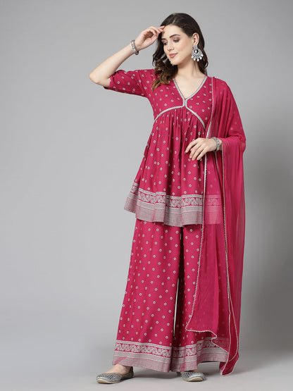 Ethnic Motif Printed Naira Cut Rayon Kurta Palazzo Dupatta Set (Pre-Order)