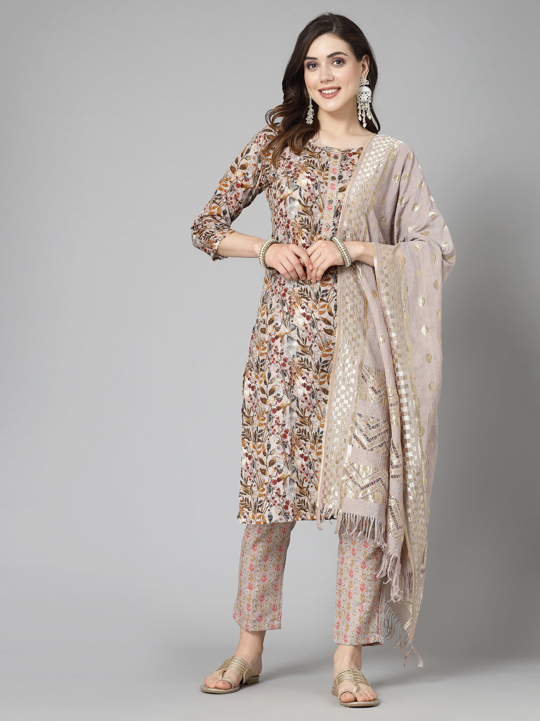 Floral Printed Cotton Blend Straight Kurta Pant Dupatta Set (Pre-Order)