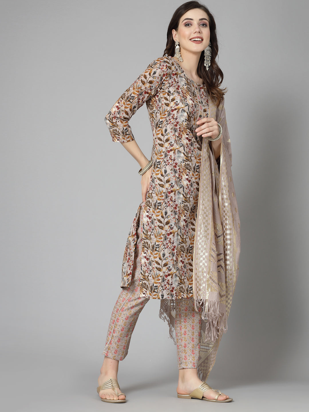 Floral Printed Cotton Blend Straight Kurta Pant Dupatta Set (Pre-Order)