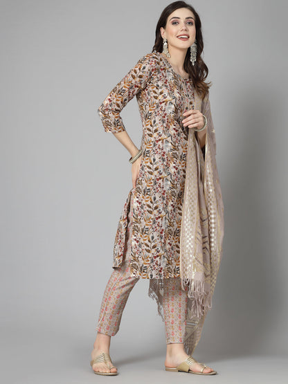 Floral Printed Cotton Blend Straight Kurta Pant Dupatta Set (Pre-Order)