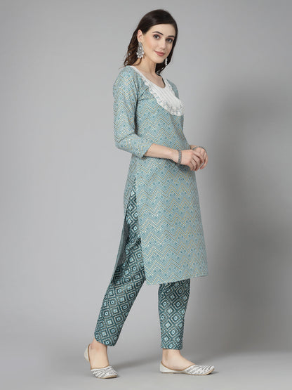 Printed & Embroidered Cotton Blend Straight Kurta Pant Set (Pre-Order)