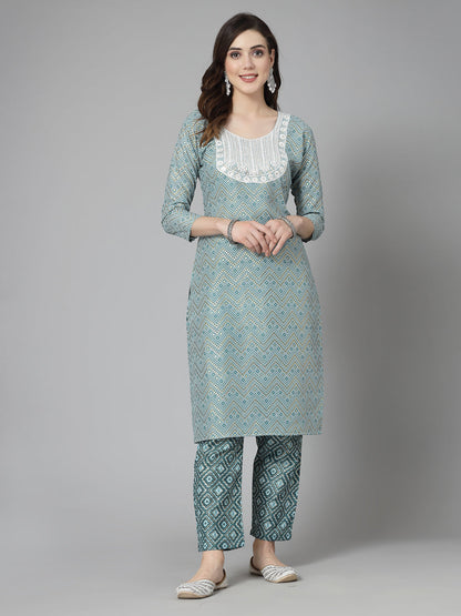 Printed & Embroidered Cotton Blend Straight Kurta Pant Set (Pre-Order)