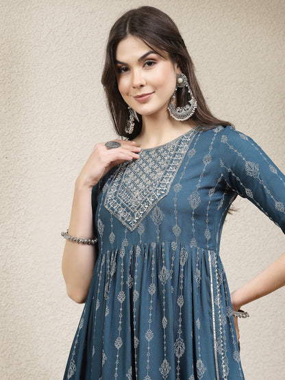 Printed & Embroidered Naira Cut Kurta Pant Dupatta Set (Pre-Order)