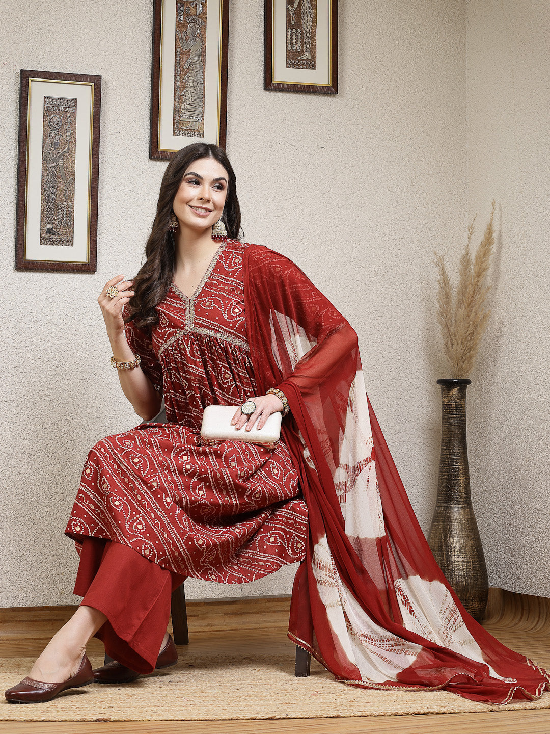 Bandhej Printed Rayon Naira Cut Kurta Palazzo Dupatta Set (Pre-Order)