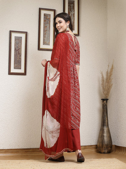 Bandhej Printed Rayon Naira Cut Kurta Palazzo Dupatta Set (Pre-Order)