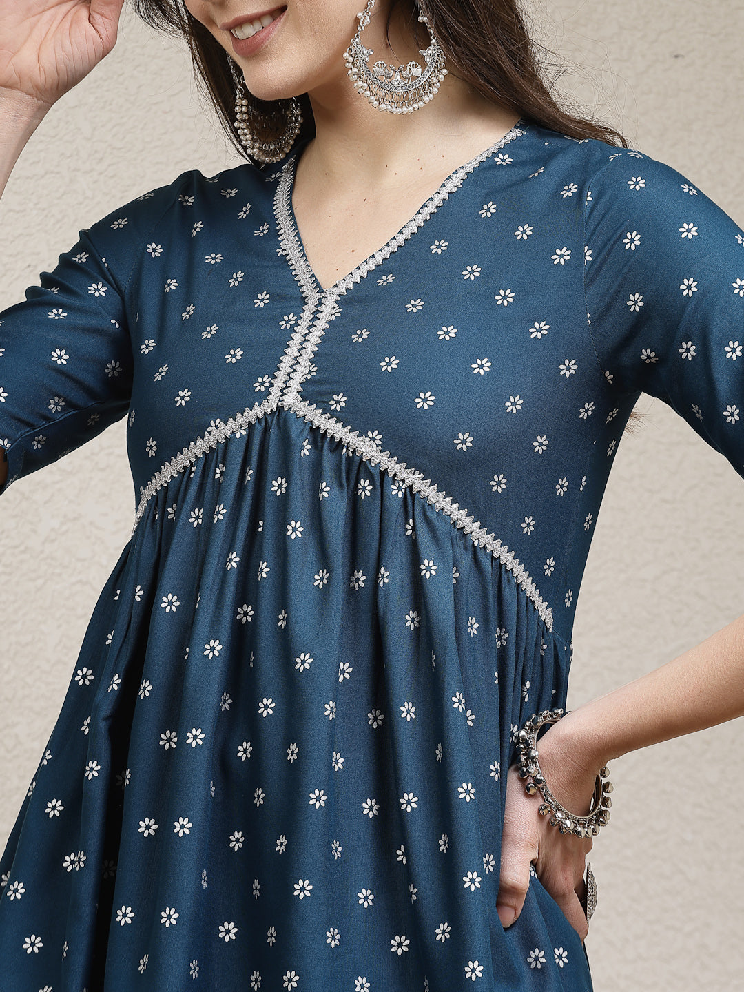 Ethnic Motif Printed Naira Cut Rayon Kurta Palazzo Dupatta Set (Pre-Order)