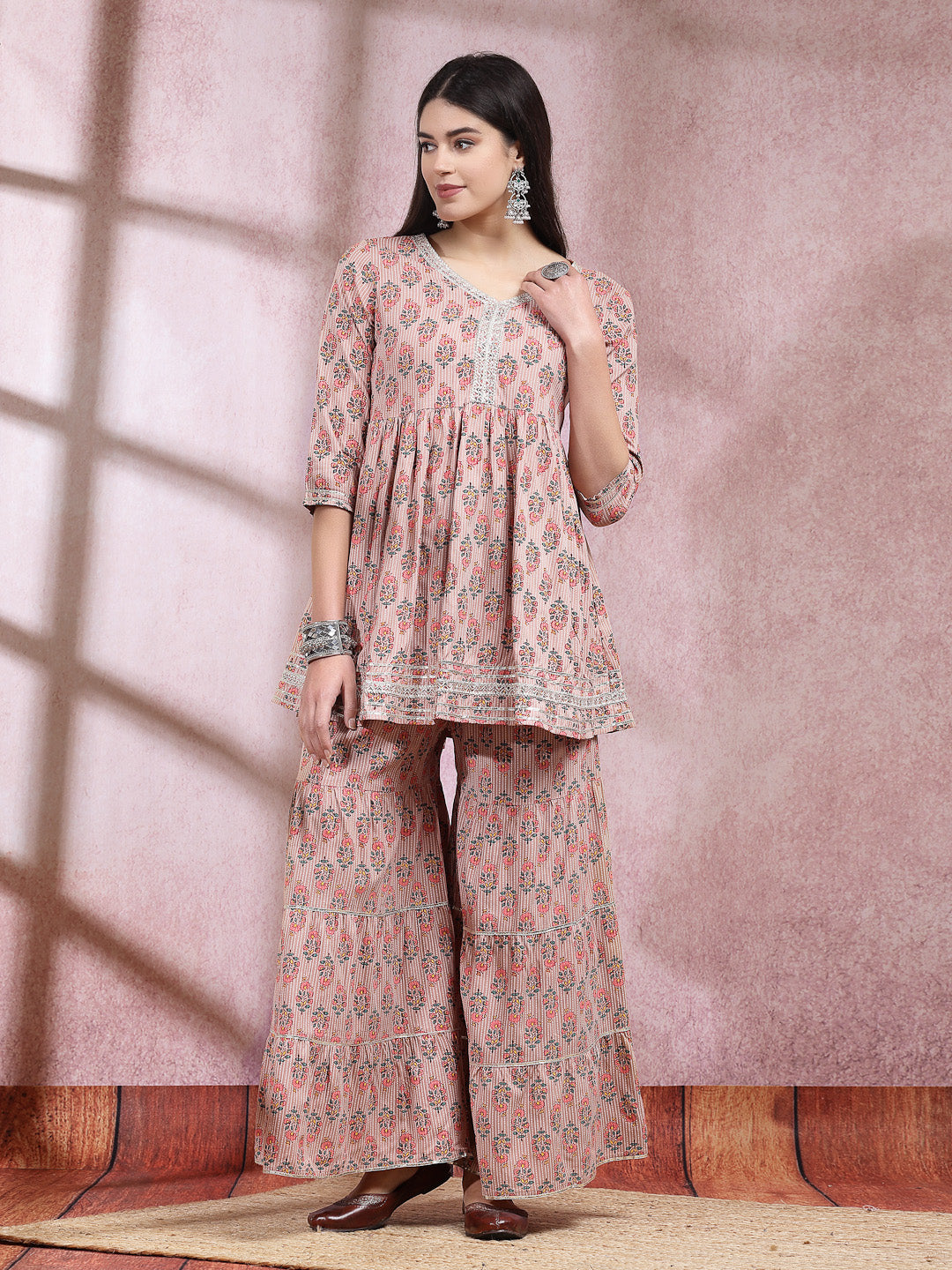 Floral Printed Rayon Kurta Sharara Dupatta Set (Pre-Order)