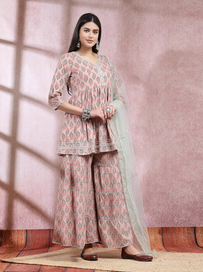 Floral Printed Rayon Kurta Sharara Dupatta Set (Pre-Order)