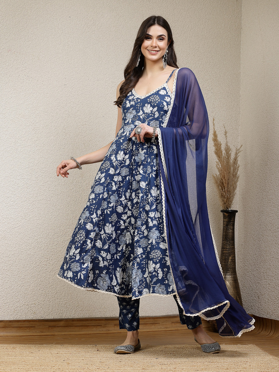 Floral Printed Rayon Anarkali Kurta Pant Dupatta Set (Pre-Order)
