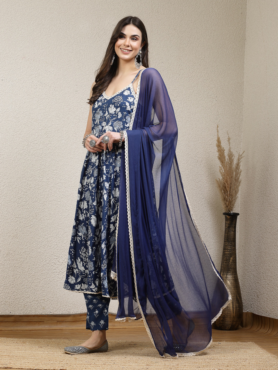 Floral Printed Rayon Anarkali Kurta Pant Dupatta Set (Pre-Order)