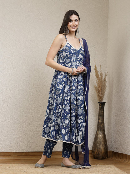 Floral Printed Rayon Anarkali Kurta Pant Dupatta Set (Pre-Order)
