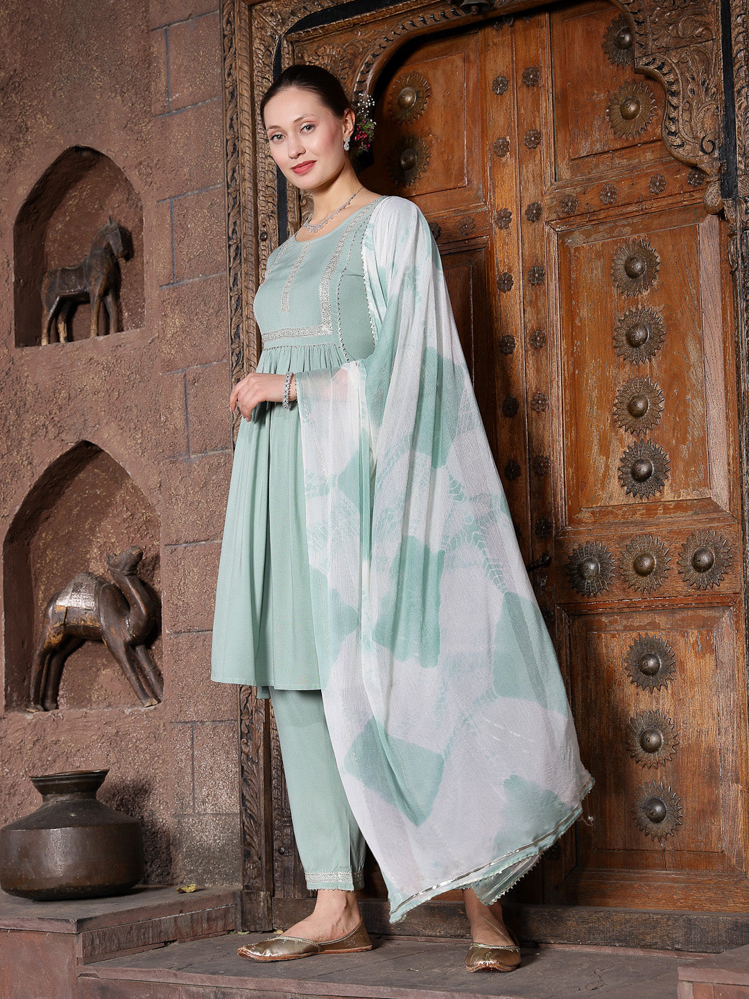 Solid Rayon A-Line Kurta Pant Dupatta Set (Pre-Order)