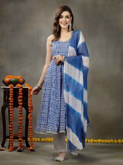 Bandhej Printed Rayon Anarkali Kurta Pant Dupatta Set (Pre-Order)