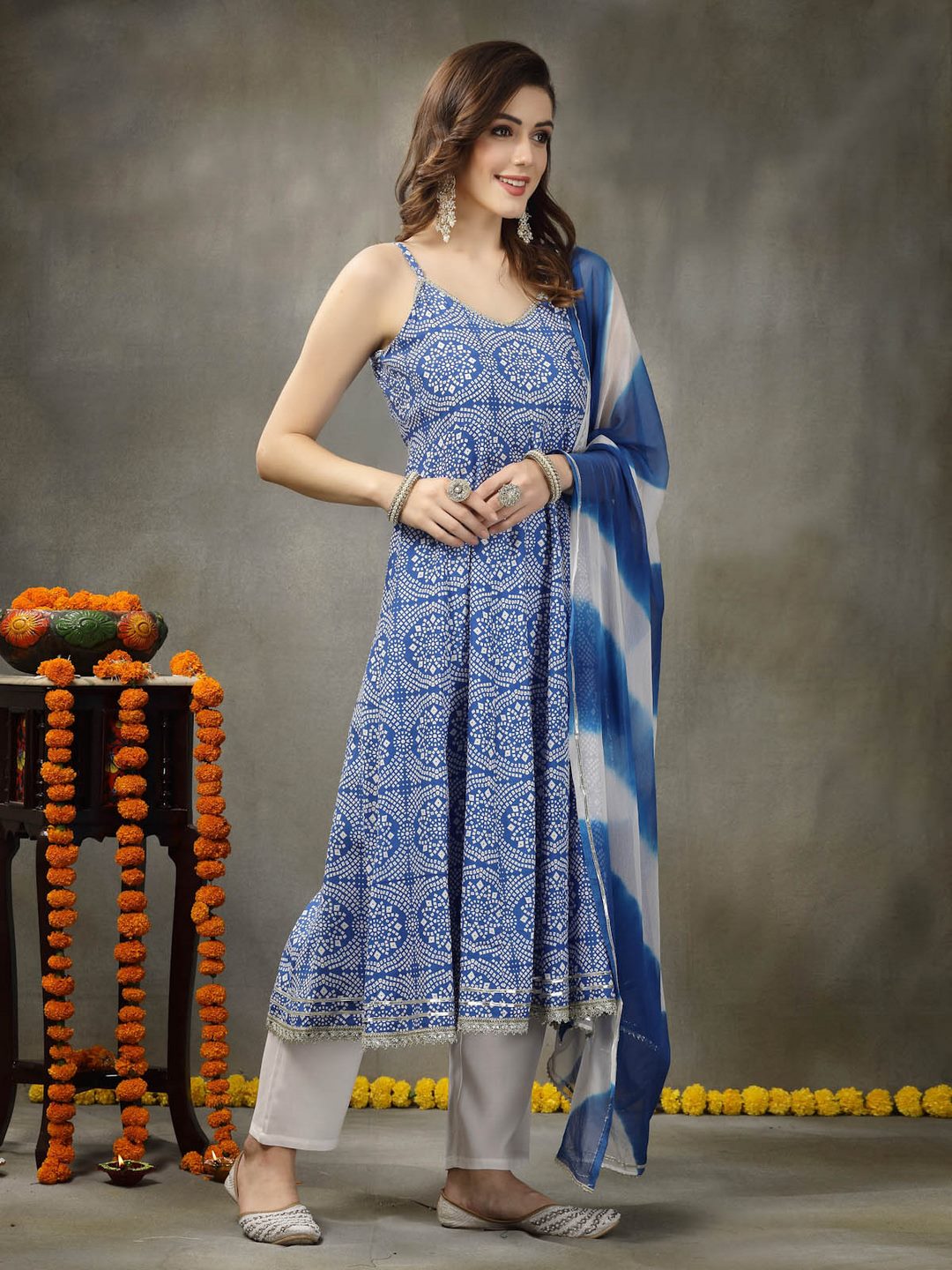 Bandhej Printed Rayon Anarkali Kurta Pant Dupatta Set (Pre-Order)