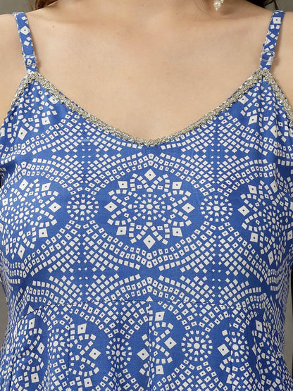 Bandhej Printed Rayon Anarkali Kurta Pant Dupatta Set (Pre-Order)