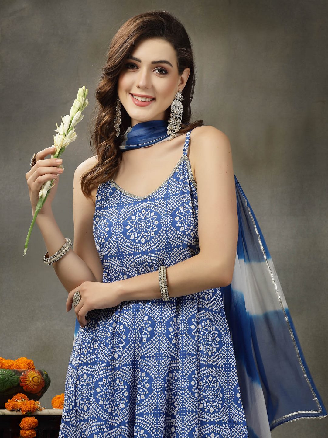 Bandhej Printed Rayon Anarkali Kurta Pant Dupatta Set (Pre-Order)