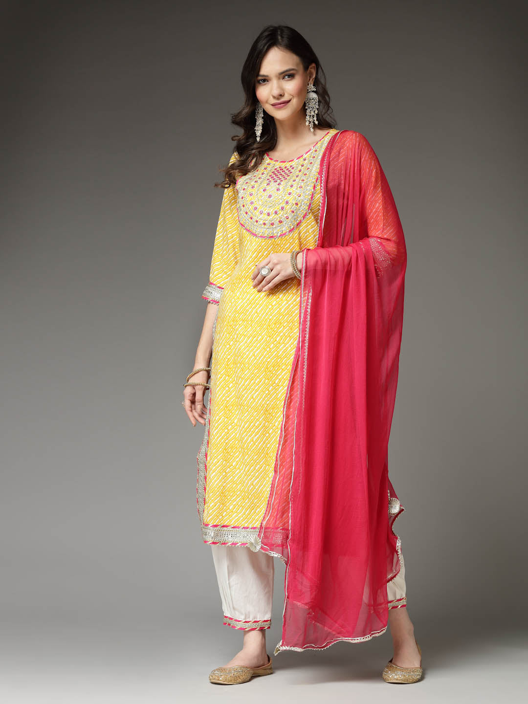 Lehariya Printed & Embroidered Rayon Straight Kurta Pant Dupatta Set (Pre-Order)