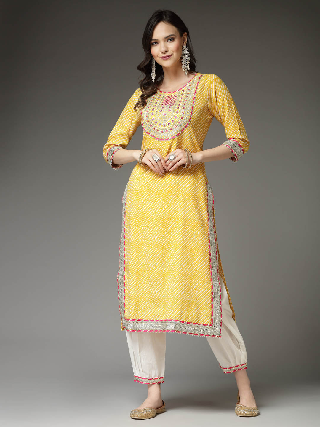 Lehariya Printed & Embroidered Rayon Straight Kurta Pant Dupatta Set (Pre-Order)