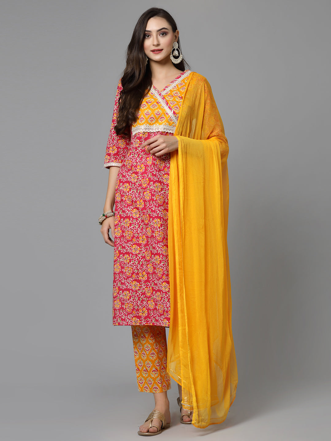 Floral Printed Cotton Straight Kurta Pant Dupatta Set (Pre-Order)