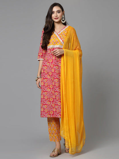 Floral Printed Cotton Straight Kurta Pant Dupatta Set (Pre-Order)
