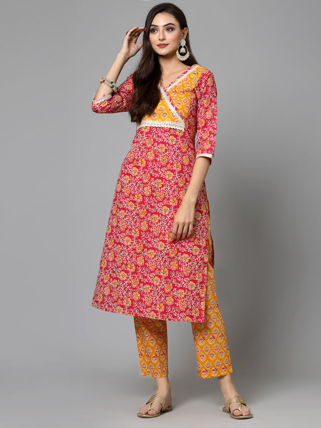 Floral Printed Cotton Straight Kurta Pant Dupatta Set (Pre-Order)