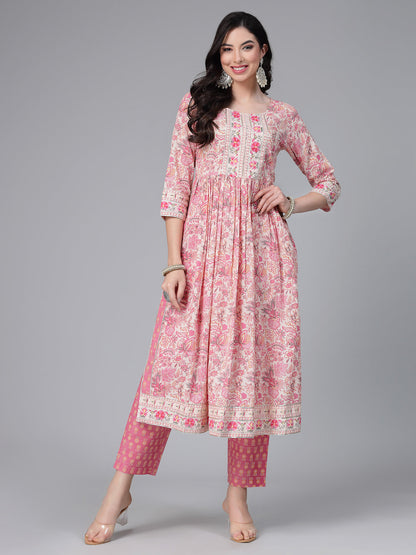 Floral Printed Cotton Naira Cut Kurta Pant Dupatta Set (Pre-Order)
