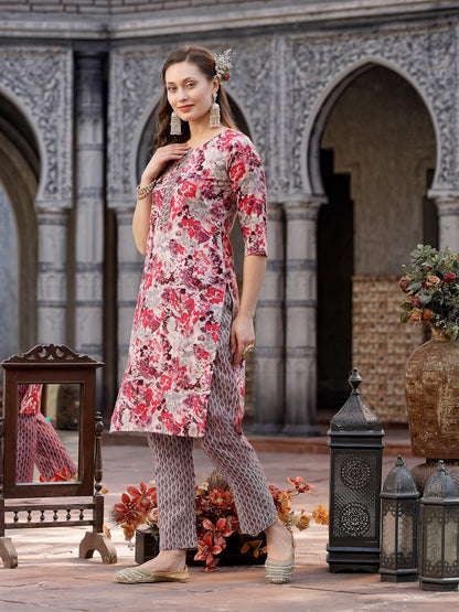 Floral Printed Cotton Blend Straight Kurta Pant Dupatta Set (Pre-Order)