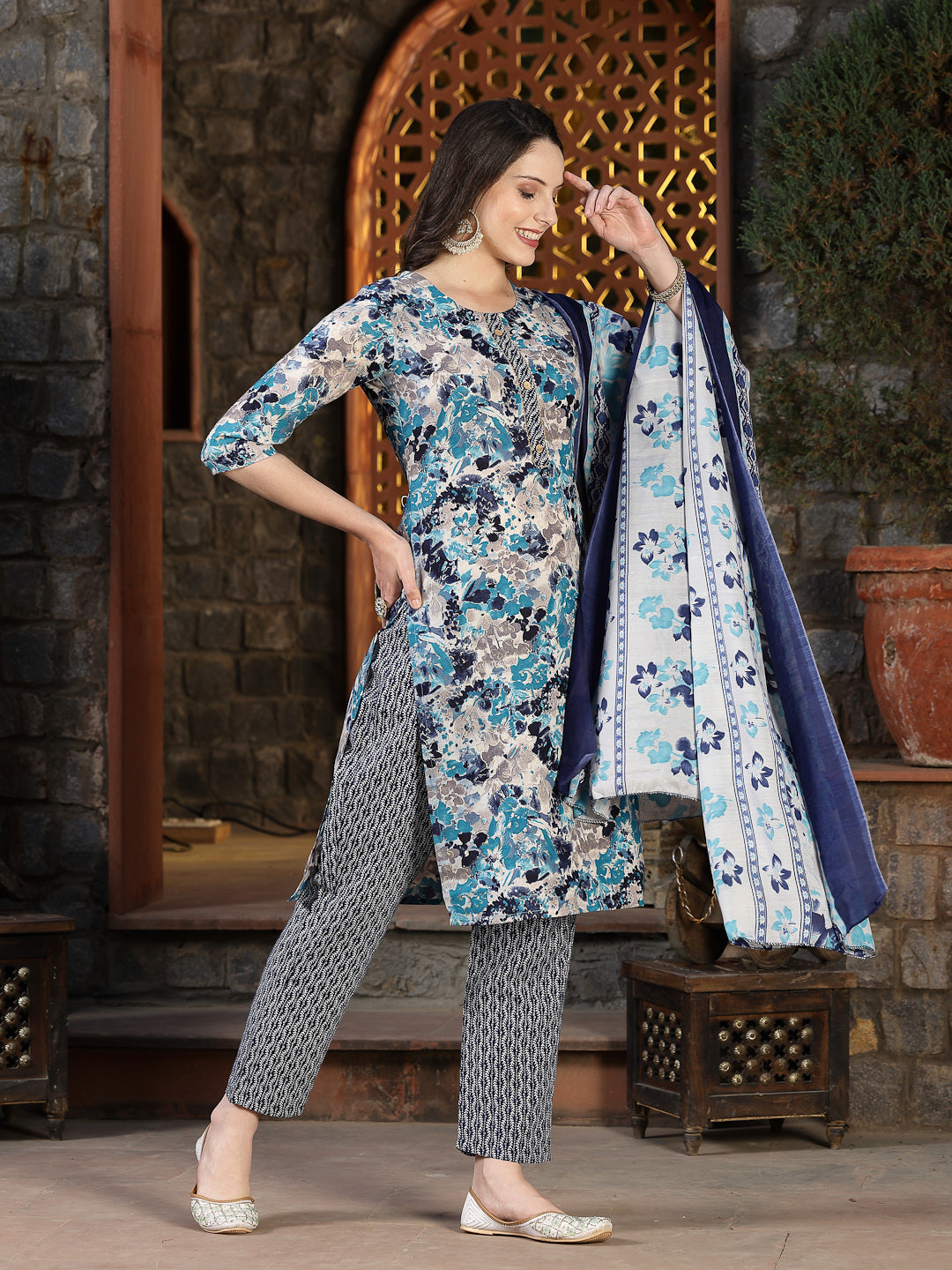 Floral Printed Cotton Blend Straight Kurta Pant Dupatta Set (Pre-Order)