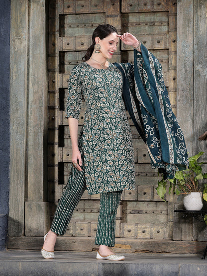 Floral Printed Cotton Blend Straight Kurta Pant Dupatta Set (Pre-Order)